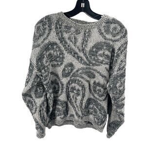 Flyer vintage Womens Pullover Sweater Oversized Paisley Knit Long Sleeve Gray La